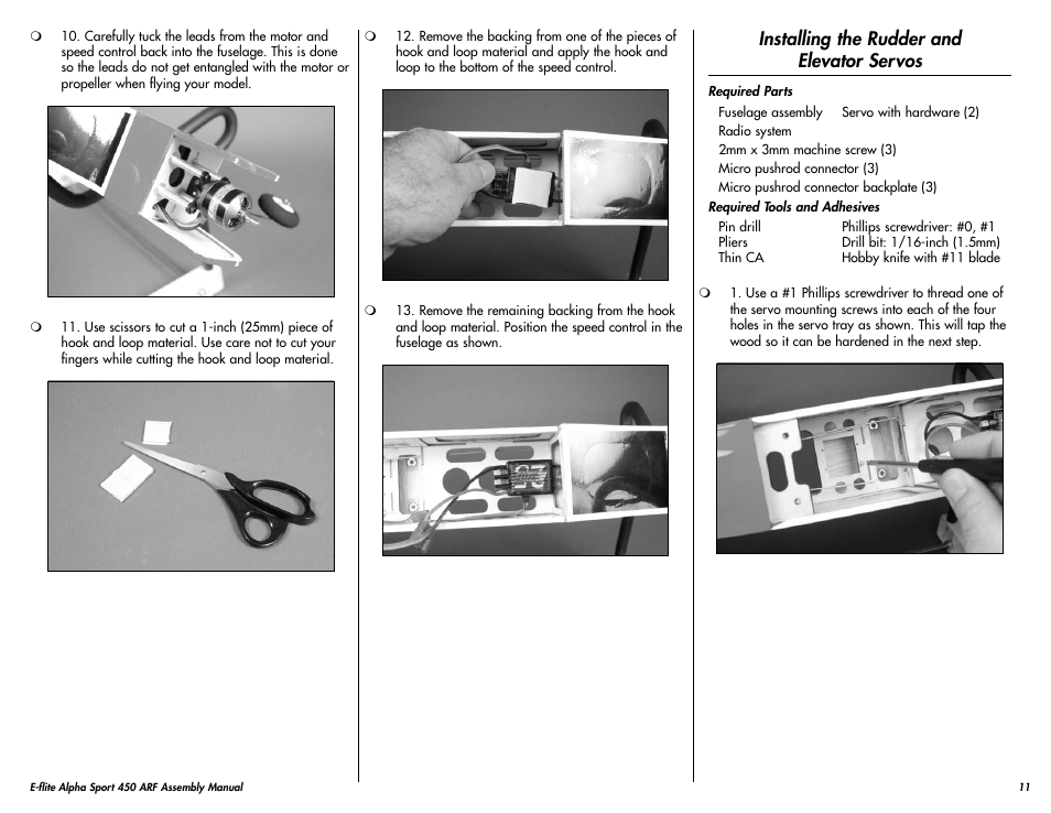 Installing the rudder and elevator servos | E-flite Alpha 450 Sport ARF User Manual | Page 11 / 36