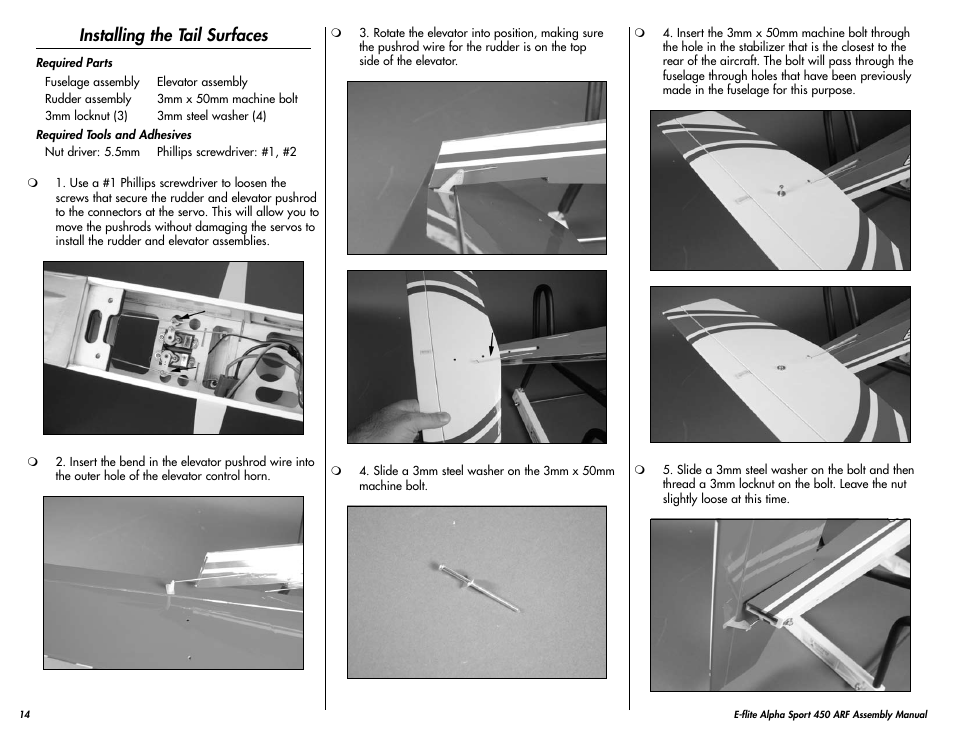 Installing the tail surfaces | E-flite Alpha 450 Sport ARF User Manual | Page 14 / 36