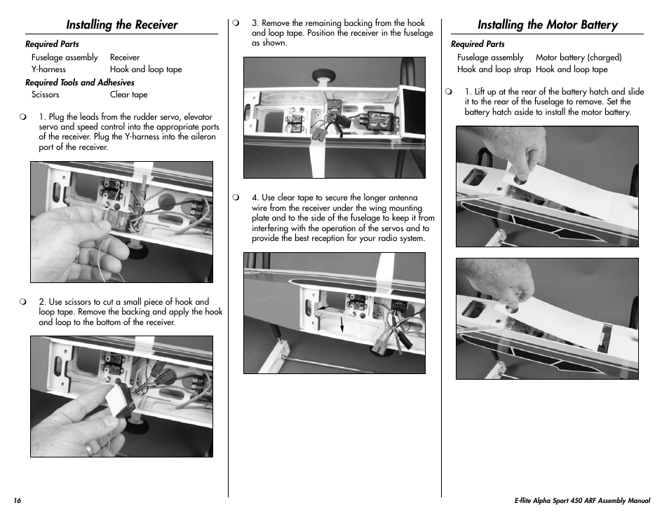 Installing the receiver, Installing the motor battery | E-flite Alpha 450 Sport ARF User Manual | Page 16 / 36