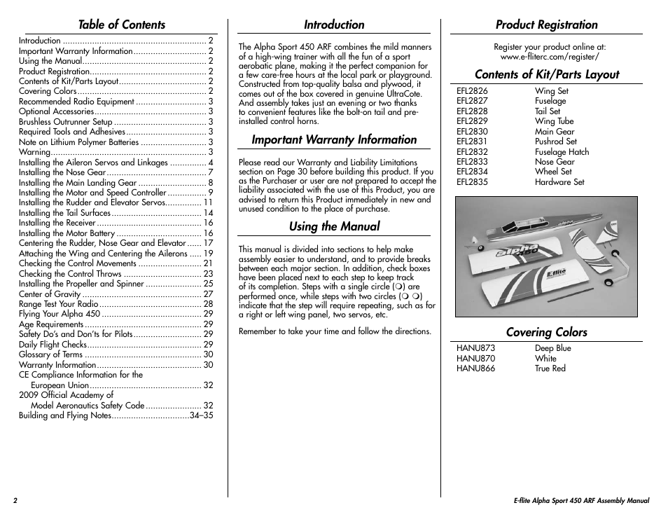 E-flite Alpha 450 Sport ARF User Manual | Page 2 / 36