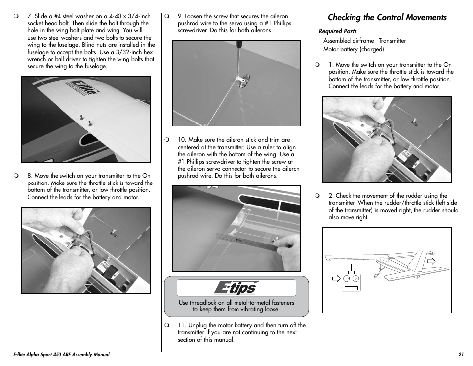 Checking the control movements | E-flite Alpha 450 Sport ARF User Manual | Page 21 / 36