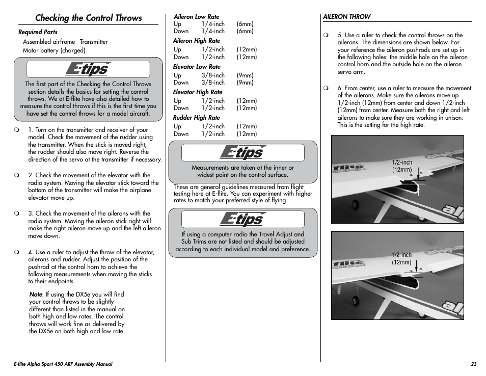 Checking the control throws | E-flite Alpha 450 Sport ARF User Manual | Page 23 / 36