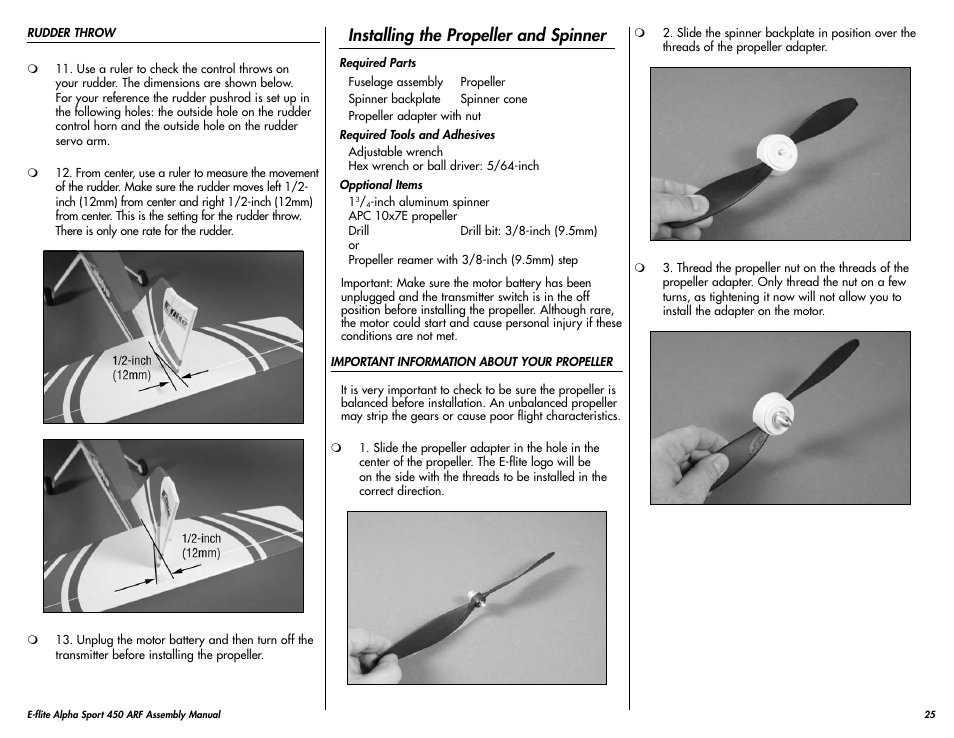 Installing the propeller and spinner | E-flite Alpha 450 Sport ARF User Manual | Page 25 / 36