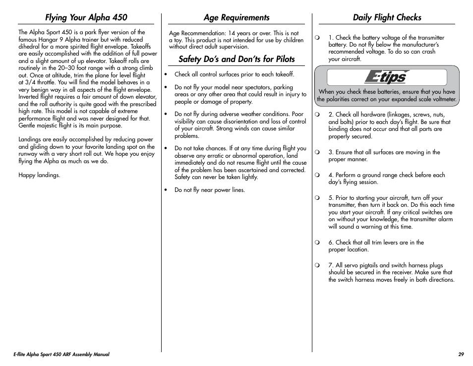 Flying your alpha 450, Age requirements, Safety do’s and don’ts for pilots | Daily flight checks | E-flite Alpha 450 Sport ARF User Manual | Page 29 / 36