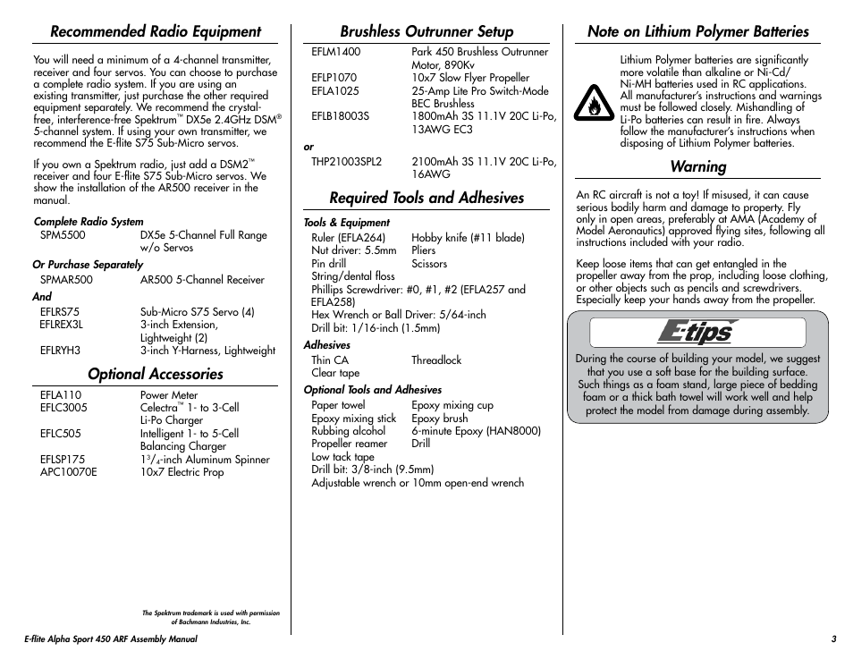 Recommended radio equipment, Optional accessories, Brushless outrunner setup | Required tools and adhesives, Note on lithium polymer batteries, Warning | E-flite Alpha 450 Sport ARF User Manual | Page 3 / 36