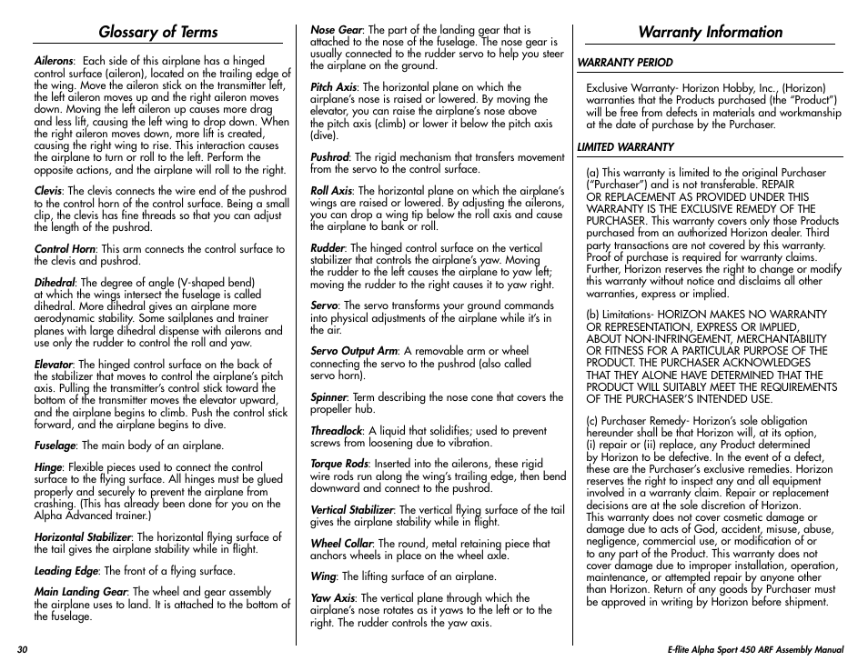 Glossary of terms, Warranty information | E-flite Alpha 450 Sport ARF User Manual | Page 30 / 36