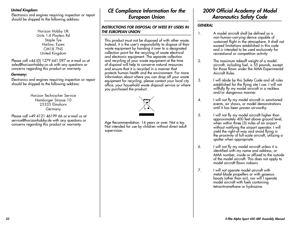 Ce compliance information for the european union | E-flite Alpha 450 Sport ARF User Manual | Page 32 / 36