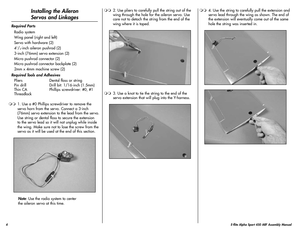 Installing the aileron servos and linkages | E-flite Alpha 450 Sport ARF User Manual | Page 4 / 36