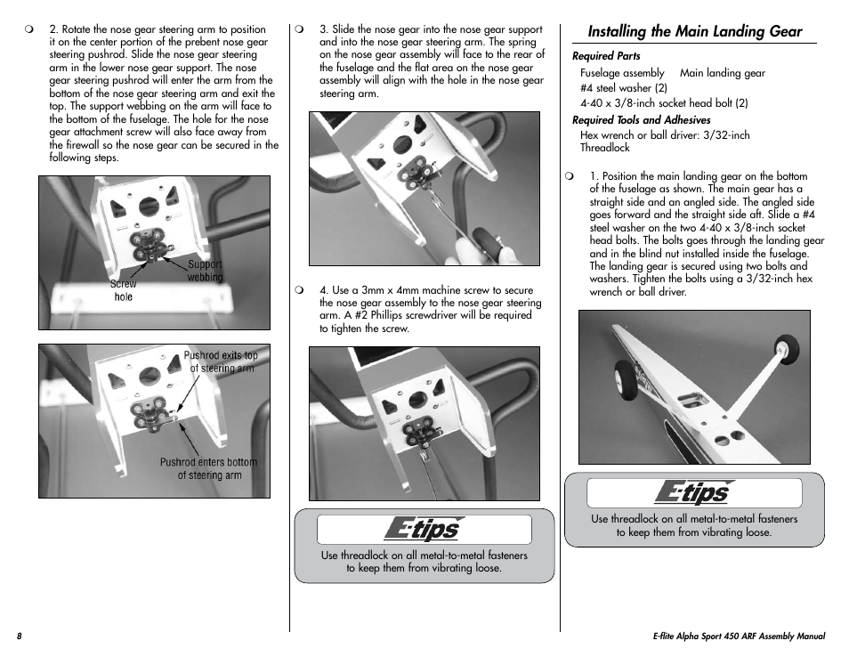 Installing the main landing gear | E-flite Alpha 450 Sport ARF User Manual | Page 8 / 36