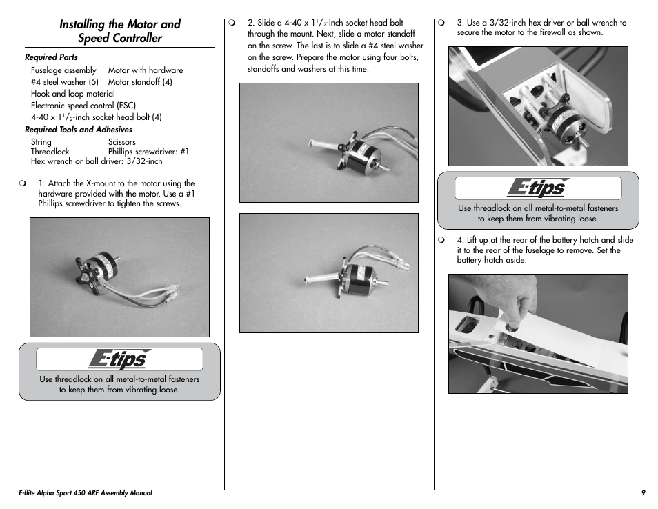 Installing the motor and speed controller | E-flite Alpha 450 Sport ARF User Manual | Page 9 / 36