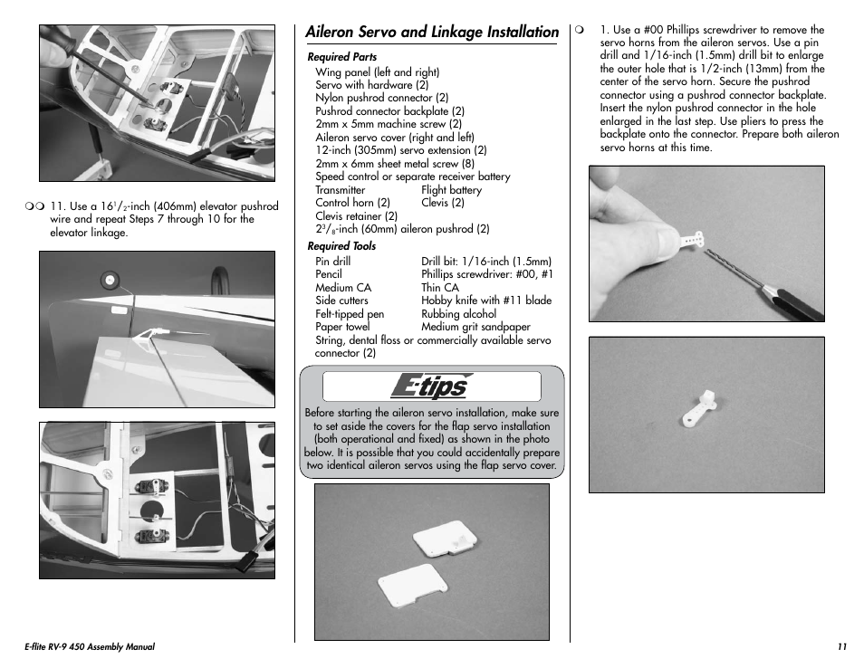 Aileron servo and linkage installation | E-flite RV-9 450 ARF User Manual | Page 11 / 36