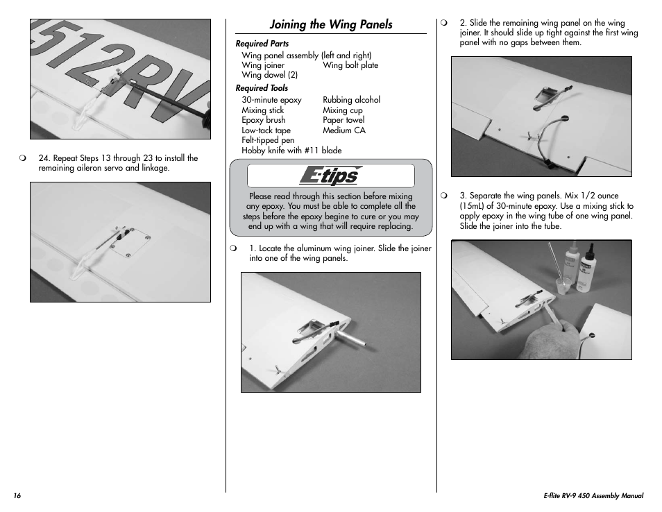 Joining the wing panels | E-flite RV-9 450 ARF User Manual | Page 16 / 36