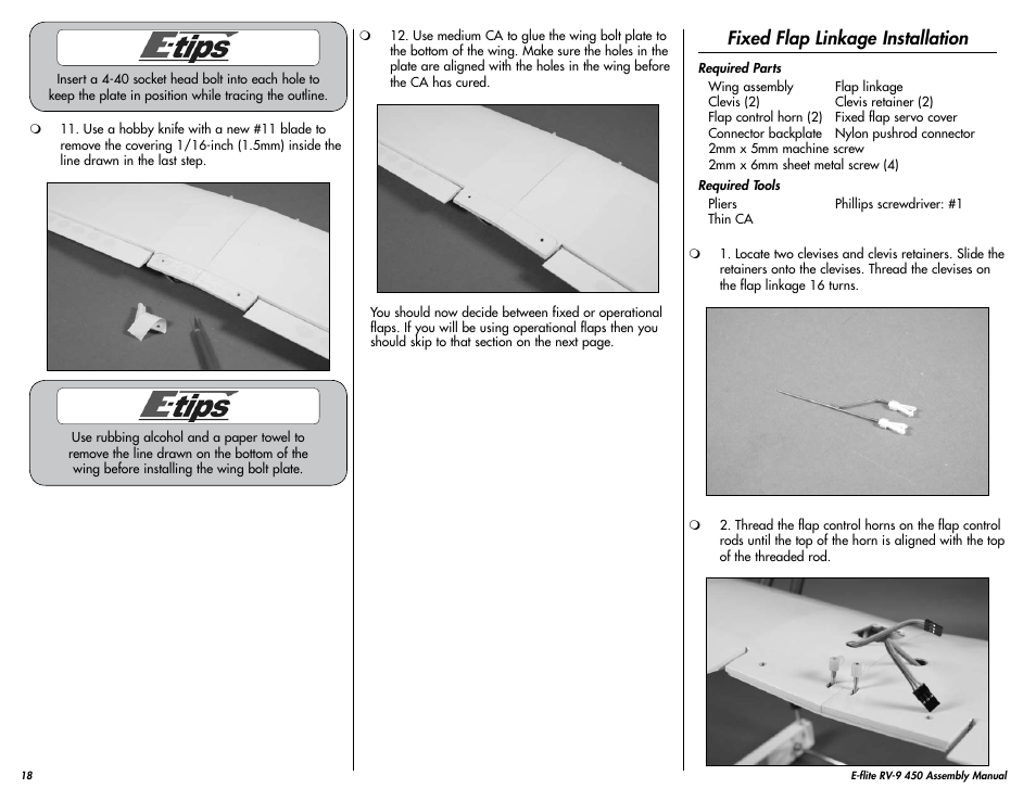 Fixed flap linkage installation | E-flite RV-9 450 ARF User Manual | Page 18 / 36