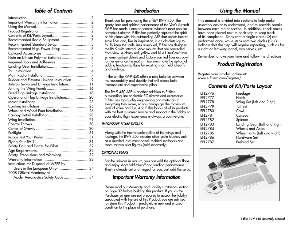 E-flite RV-9 450 ARF User Manual | Page 2 / 36