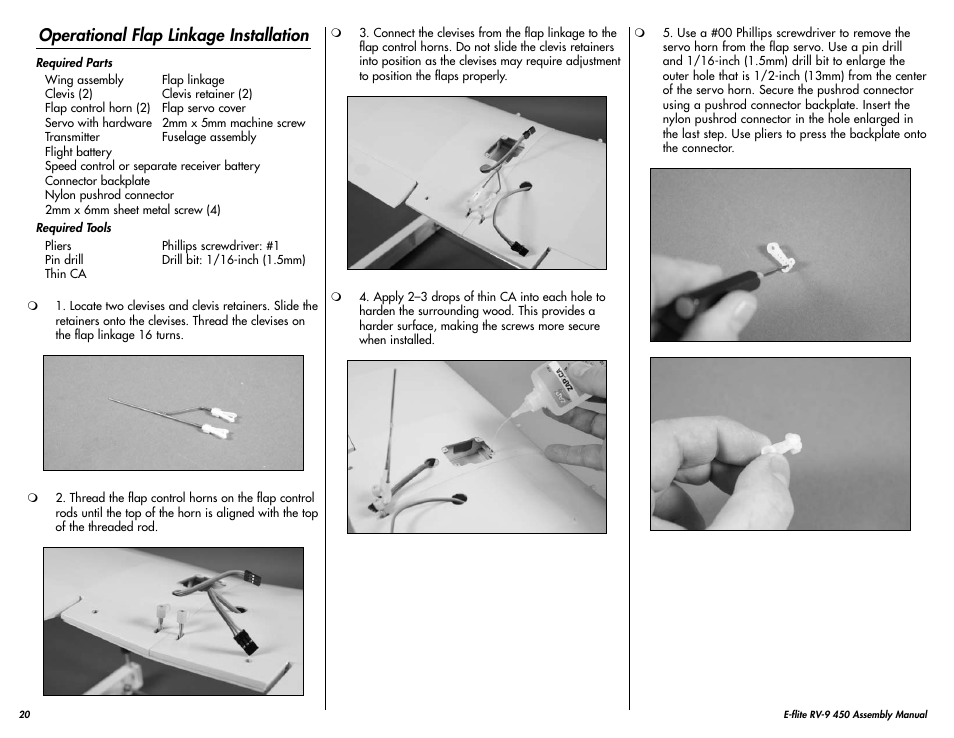 Operational flap linkage installation | E-flite RV-9 450 ARF User Manual | Page 20 / 36