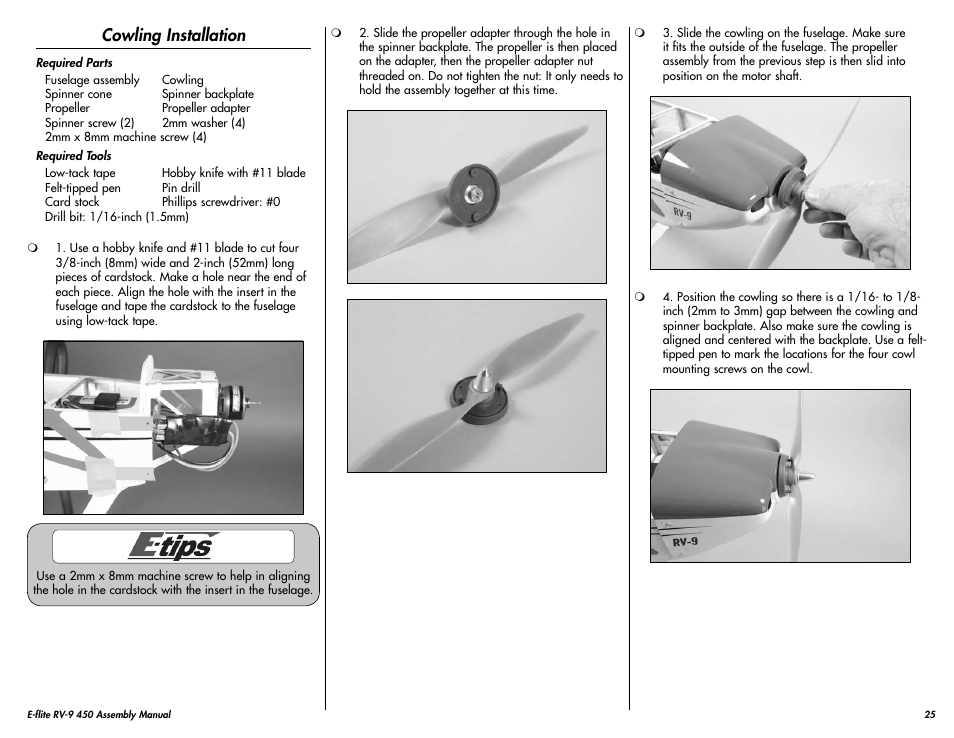 Cowling installation | E-flite RV-9 450 ARF User Manual | Page 25 / 36