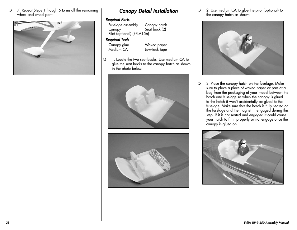 Canopy detail installation | E-flite RV-9 450 ARF User Manual | Page 28 / 36