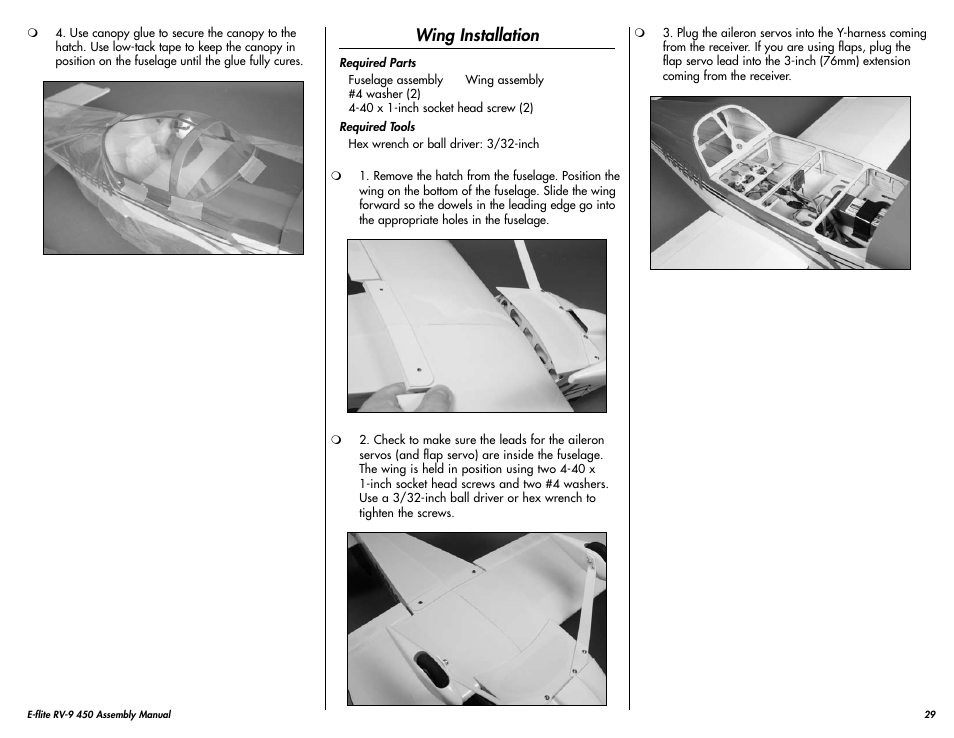 Wing installation | E-flite RV-9 450 ARF User Manual | Page 29 / 36