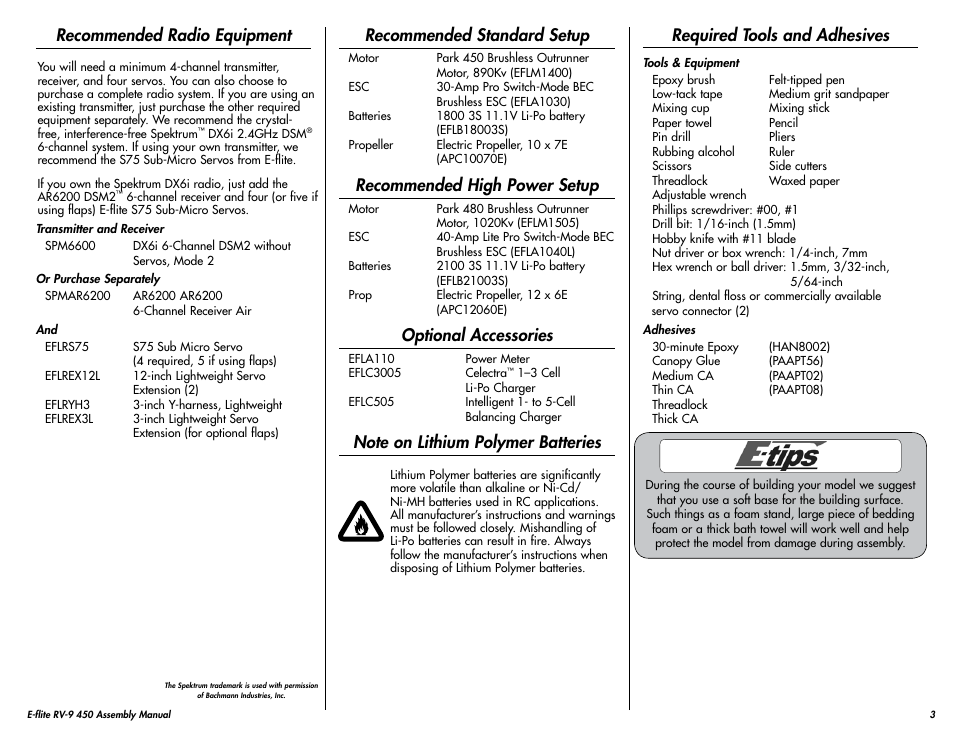 Recommended radio equipment, Recommended standard setup, Recommended high power setup | Optional accessories, Required tools and adhesives | E-flite RV-9 450 ARF User Manual | Page 3 / 36