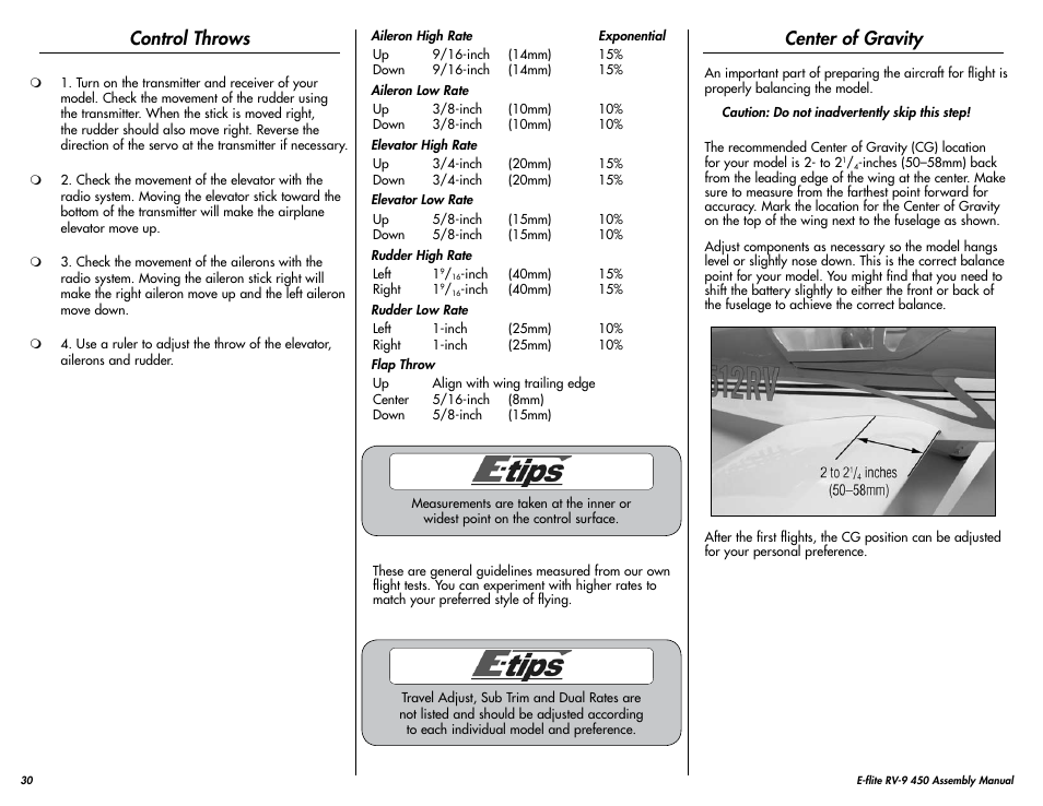 Control throws, Center of gravity | E-flite RV-9 450 ARF User Manual | Page 30 / 36