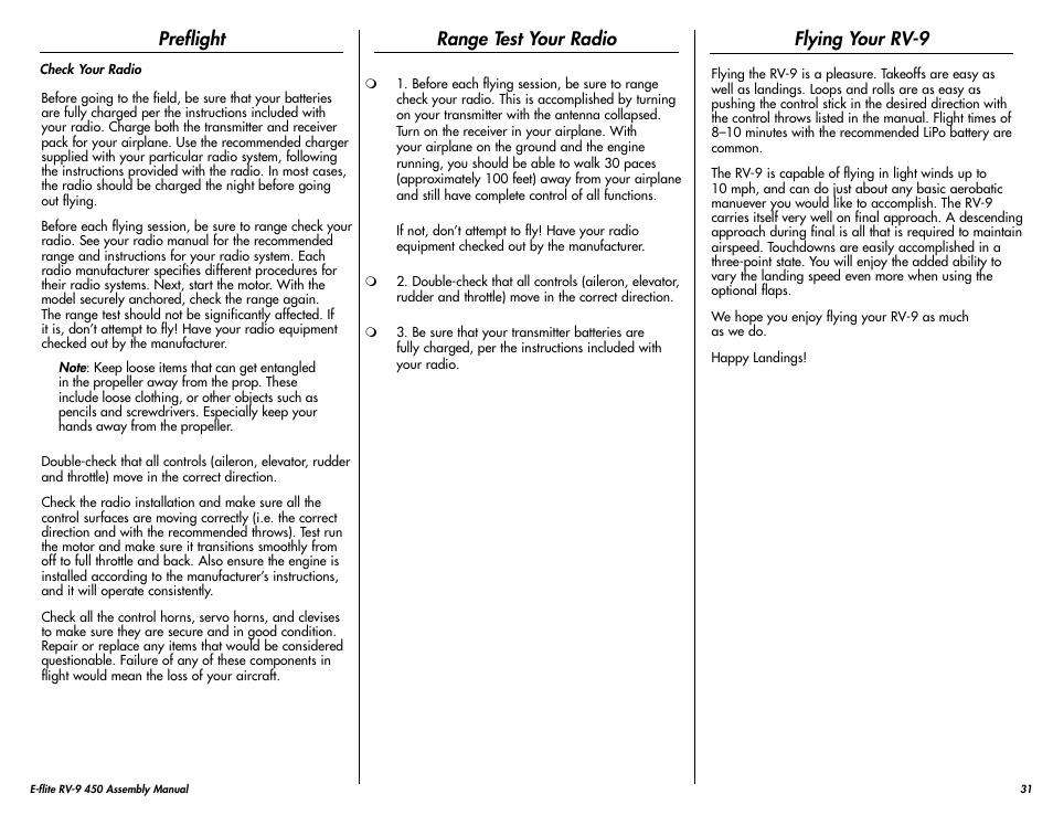 Preflight, Range test your radio, Flying your rv-9 | E-flite RV-9 450 ARF User Manual | Page 31 / 36