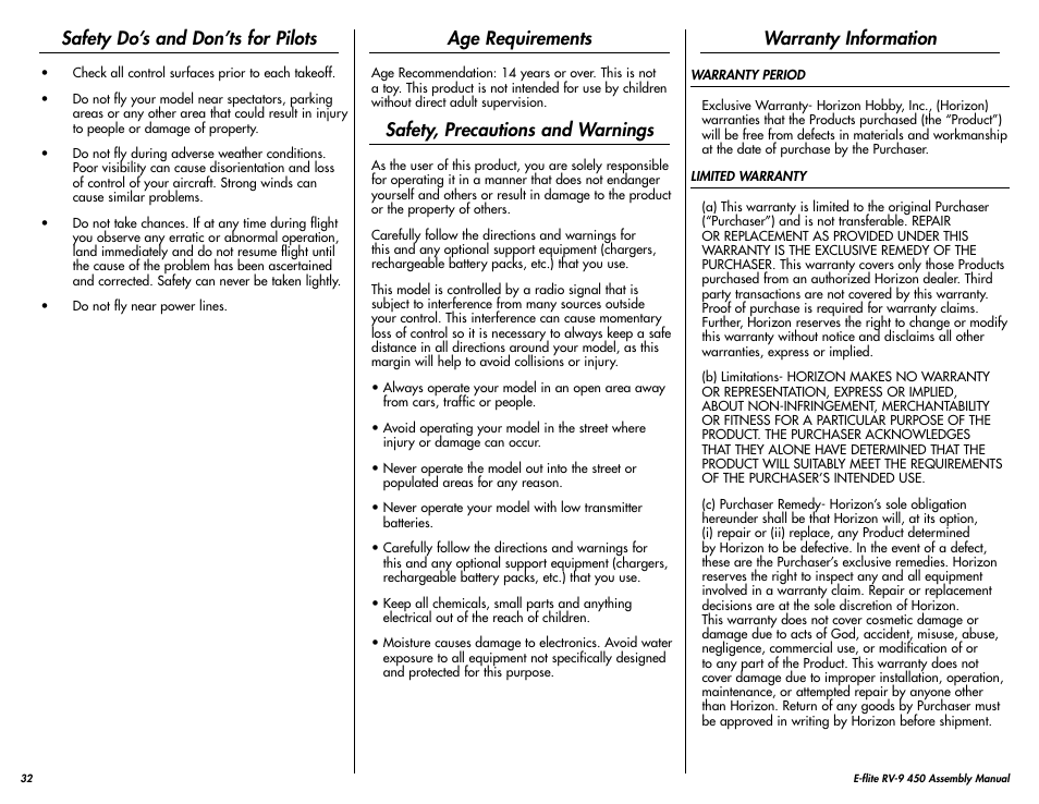 Safety do’s and don’ts for pilots, Age requirements, Safety, precautions and warnings | Warranty information | E-flite RV-9 450 ARF User Manual | Page 32 / 36