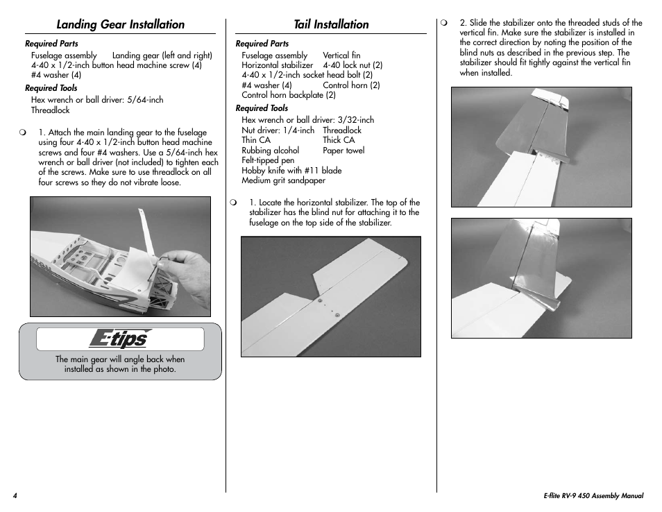 Landing gear installation, Tail installation | E-flite RV-9 450 ARF User Manual | Page 4 / 36