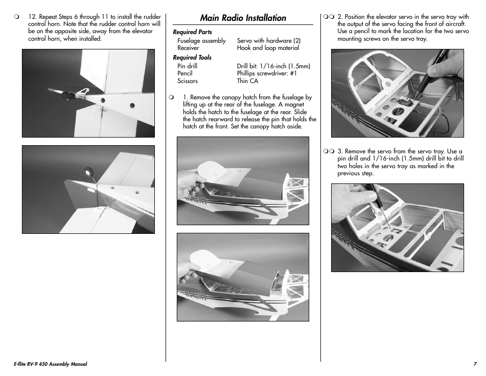 Main radio installation | E-flite RV-9 450 ARF User Manual | Page 7 / 36