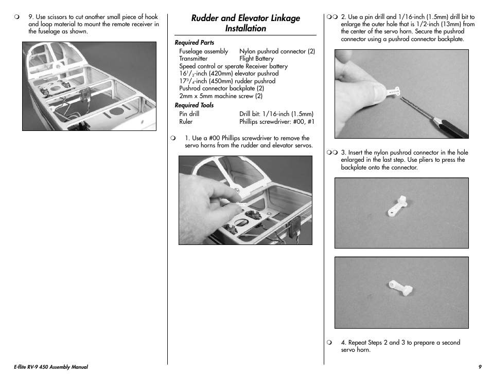 Rudder and elevator linkage installation | E-flite RV-9 450 ARF User Manual | Page 9 / 36