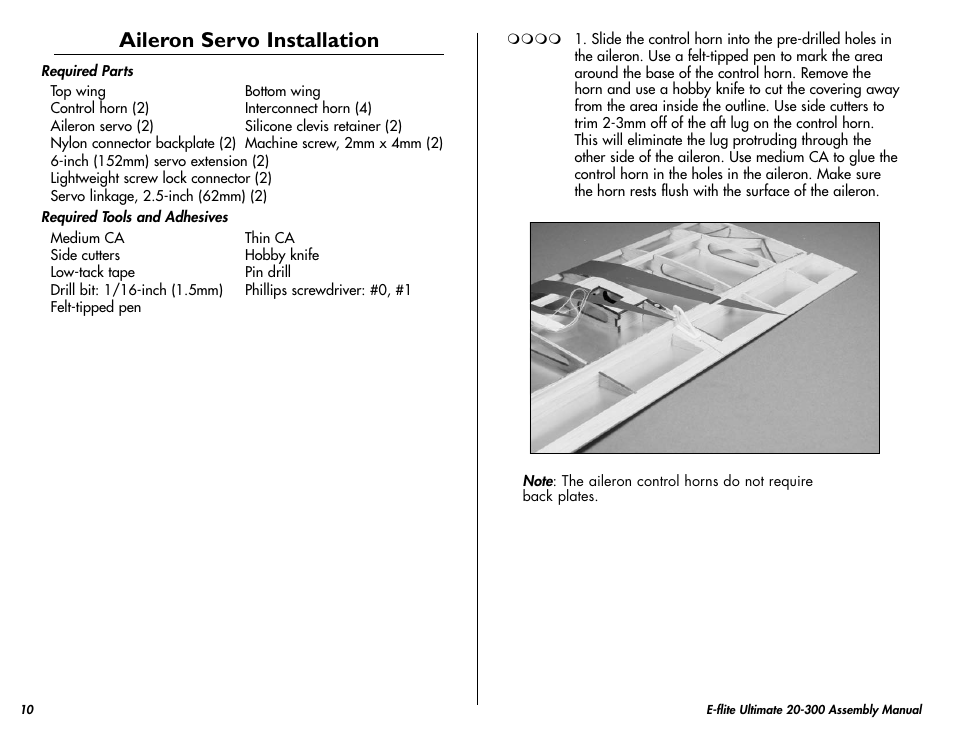 Aileron servo installation | E-flite Ultimate 20-300 10 ARF User Manual | Page 10 / 40