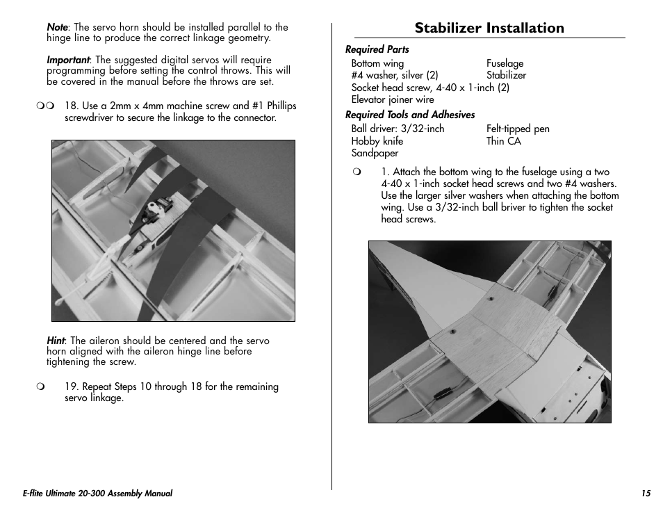 Stabilizer installation | E-flite Ultimate 20-300 10 ARF User Manual | Page 15 / 40