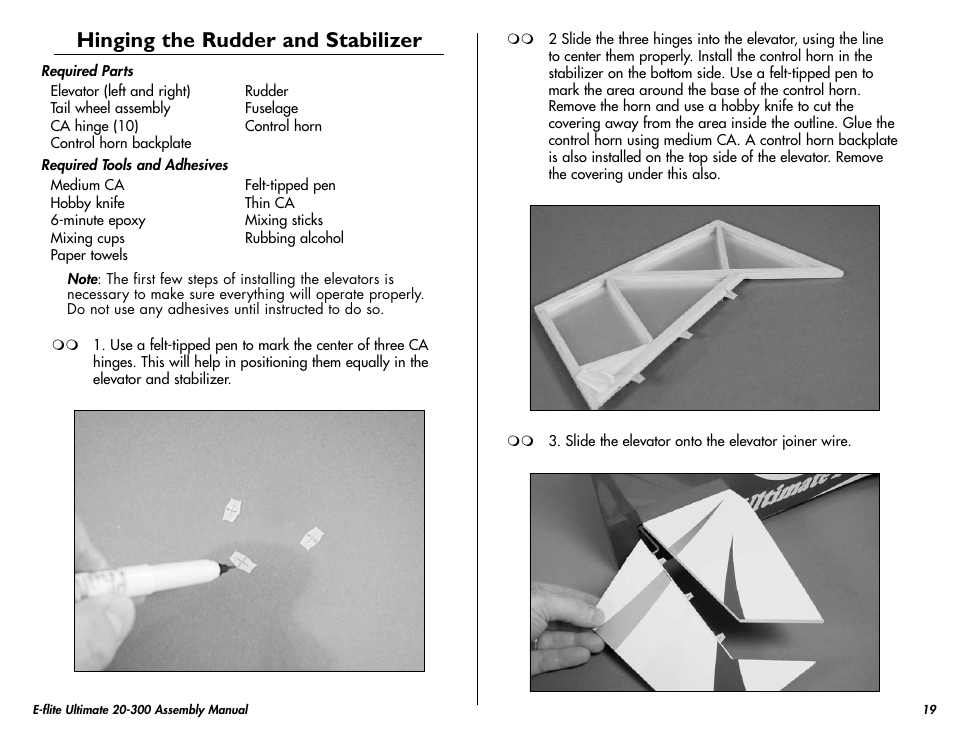 Hinging the rudder and stabilizer | E-flite Ultimate 20-300 10 ARF User Manual | Page 19 / 40