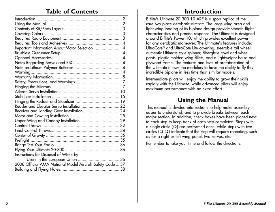 E-flite Ultimate 20-300 10 ARF User Manual | Page 2 / 40