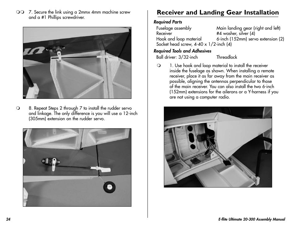 Receiver and landing gear installation | E-flite Ultimate 20-300 10 ARF User Manual | Page 24 / 40