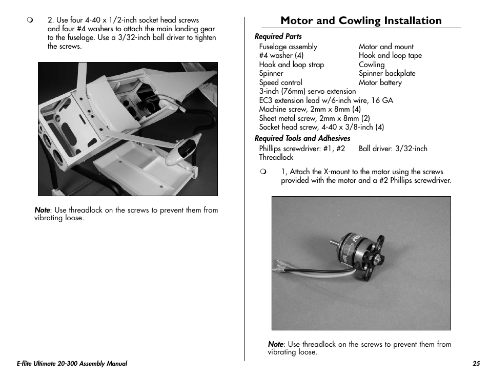 Motor and cowling installation | E-flite Ultimate 20-300 10 ARF User Manual | Page 25 / 40