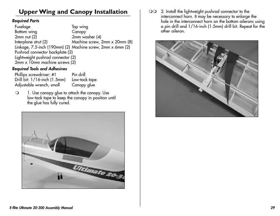 Upper wing and canopy installation | E-flite Ultimate 20-300 10 ARF User Manual | Page 29 / 40