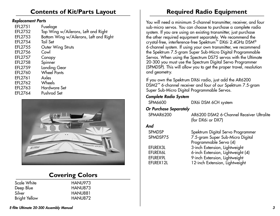 Contents of kit/parts layout, Covering colors, Required radio equipment | E-flite Ultimate 20-300 10 ARF User Manual | Page 3 / 40