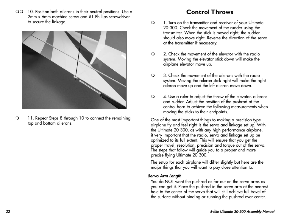 Control throws | E-flite Ultimate 20-300 10 ARF User Manual | Page 32 / 40