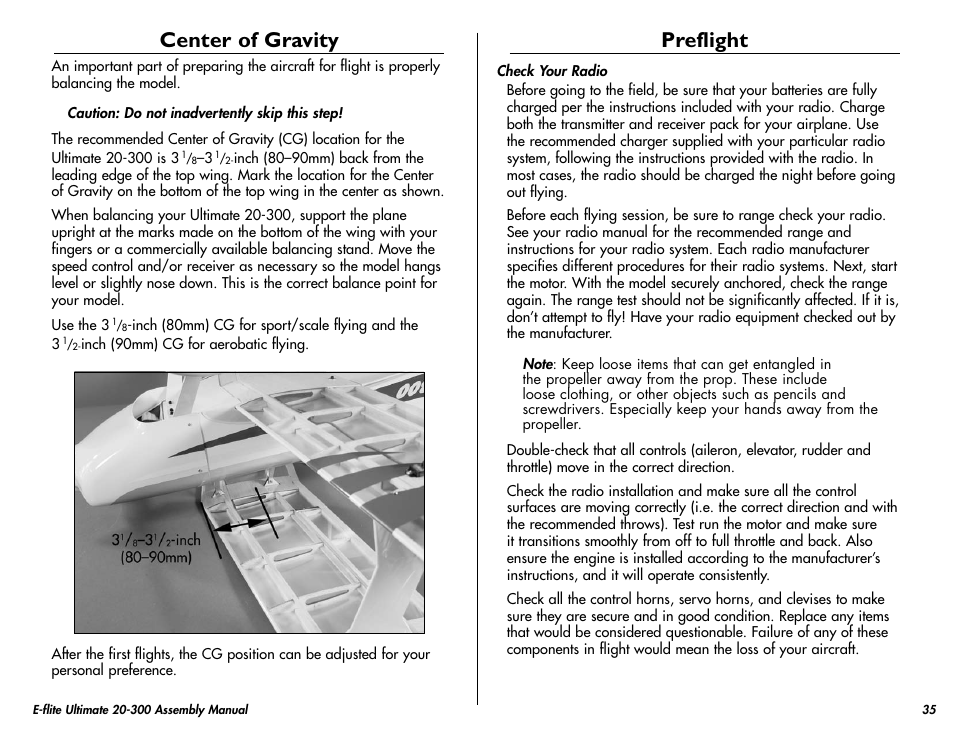 Center of gravity, Preflight | E-flite Ultimate 20-300 10 ARF User Manual | Page 35 / 40