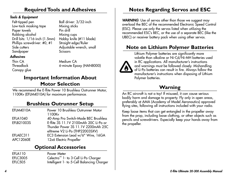 Required tools and adhesives, Important information about motor selection, Brushless outrunner setup | Optional accessories, Warning | E-flite Ultimate 20-300 10 ARF User Manual | Page 4 / 40