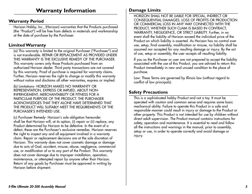 Warranty information | E-flite Ultimate 20-300 10 ARF User Manual | Page 5 / 40