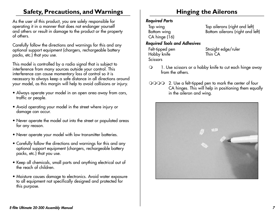 Safety, precautions, and warnings, Hinging the ailerons | E-flite Ultimate 20-300 10 ARF User Manual | Page 7 / 40