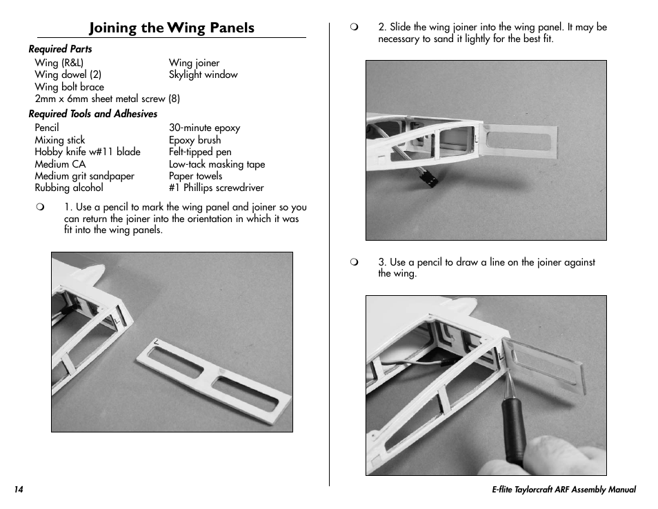 Joining the wing panels | E-flite Taylorcraft 450 ARF User Manual | Page 14 / 40