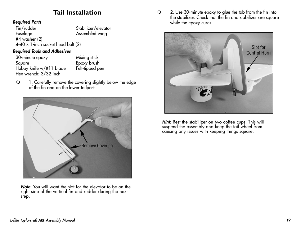 Tail installation | E-flite Taylorcraft 450 ARF User Manual | Page 19 / 40