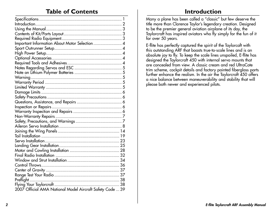 E-flite Taylorcraft 450 ARF User Manual | Page 2 / 40