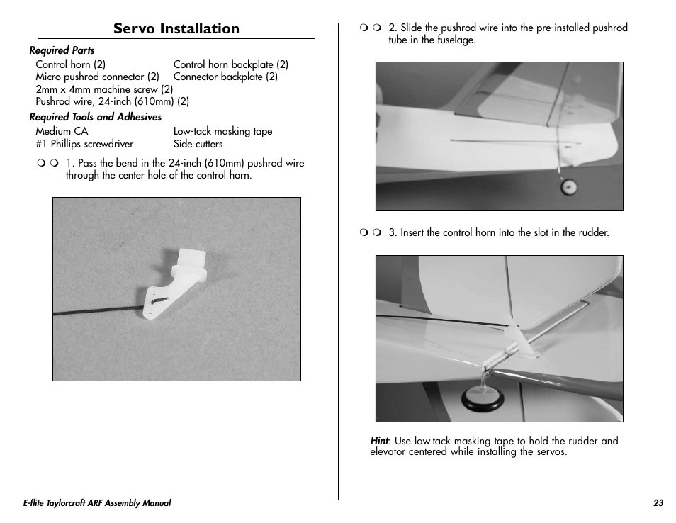Servo installation | E-flite Taylorcraft 450 ARF User Manual | Page 23 / 40