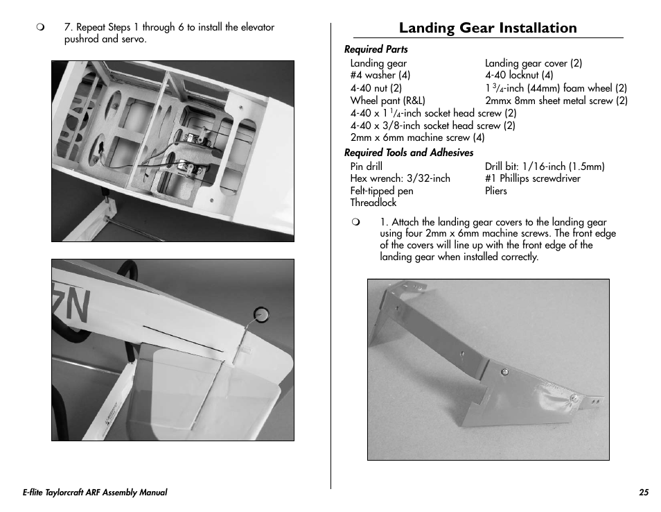 Landing gear installation | E-flite Taylorcraft 450 ARF User Manual | Page 25 / 40