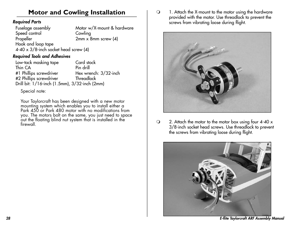 Motor and cowling installation | E-flite Taylorcraft 450 ARF User Manual | Page 28 / 40