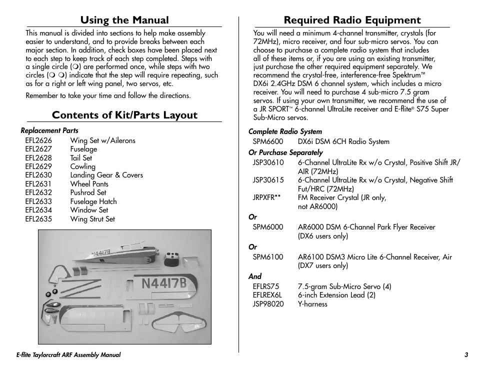 Using the manual, Contents of kit/parts layout, Required radio equipment | E-flite Taylorcraft 450 ARF User Manual | Page 3 / 40