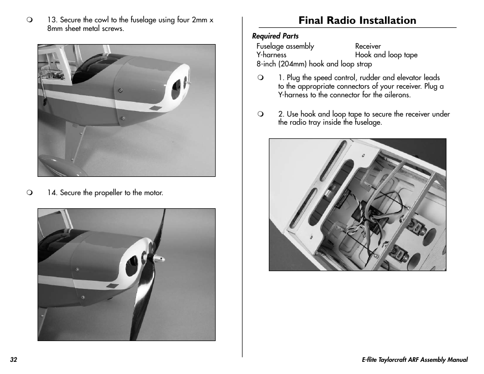 Final radio installation | E-flite Taylorcraft 450 ARF User Manual | Page 32 / 40